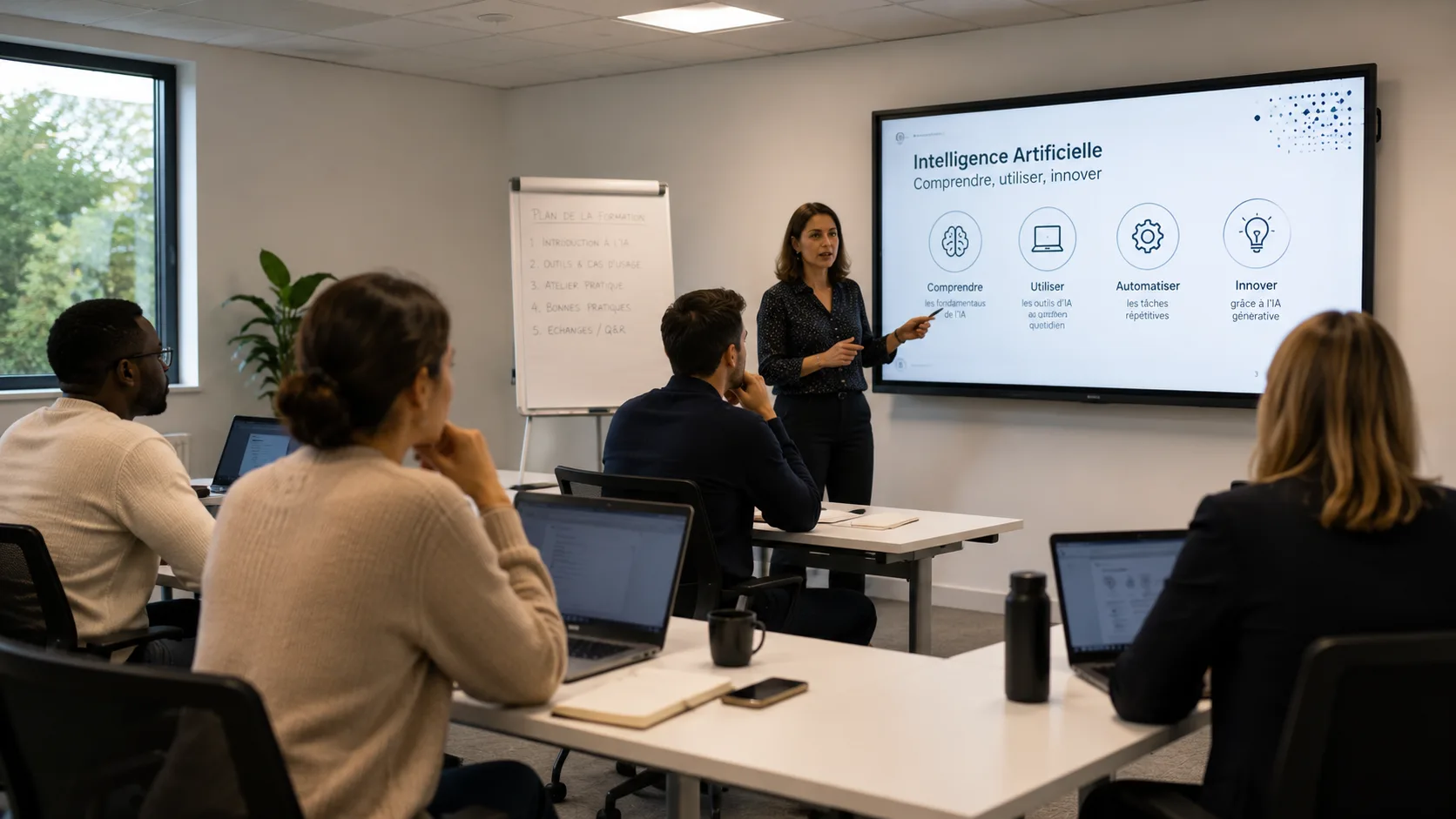 Équipe en formation IA travaillant sur ses cas métier